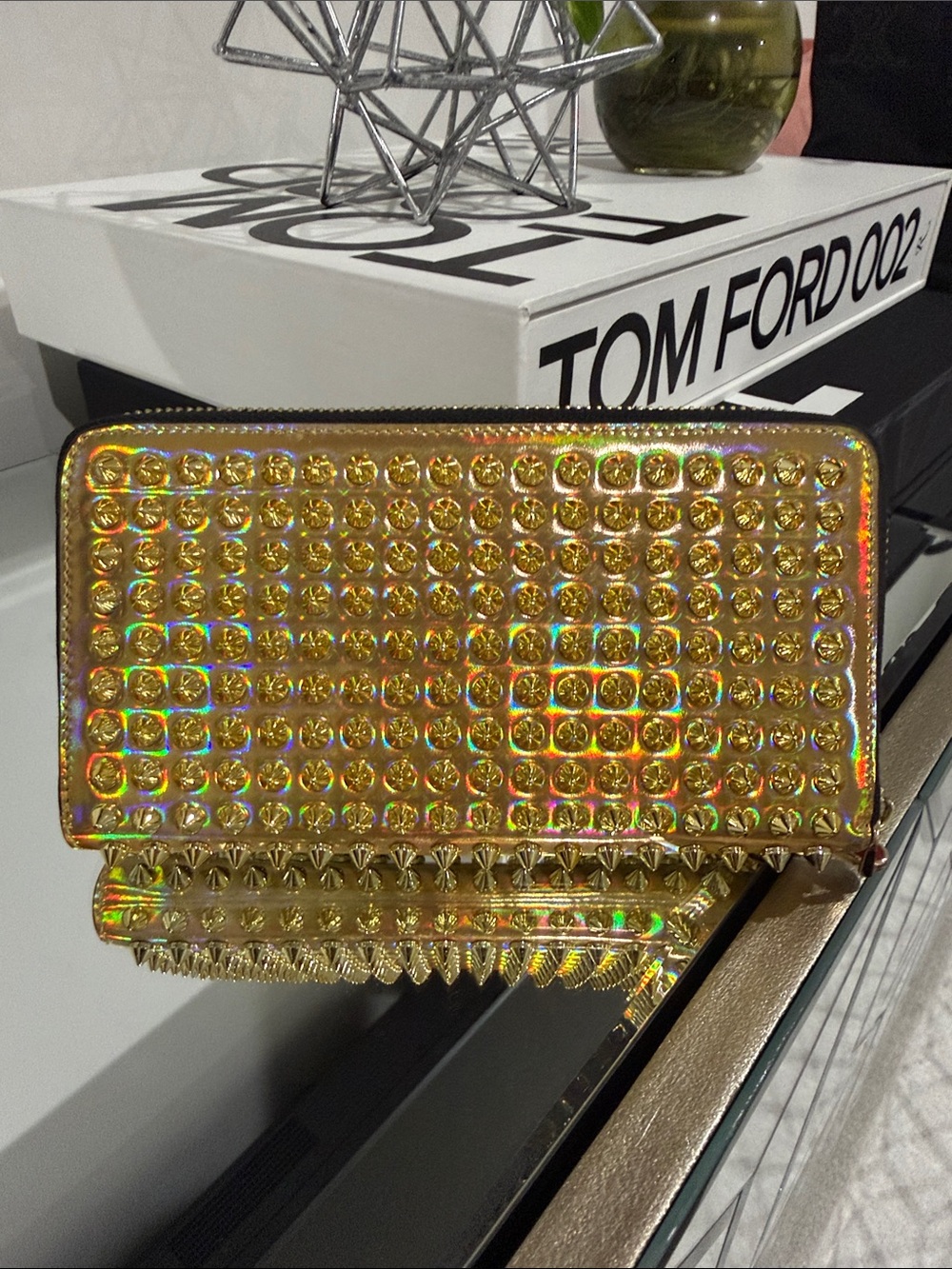 Gold Studded Holographic Zip Wallet - Women Accessories